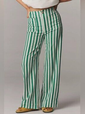 Anthropologie Maeve The Colette Striped Full Length Linen Blend Wide Leg Pants